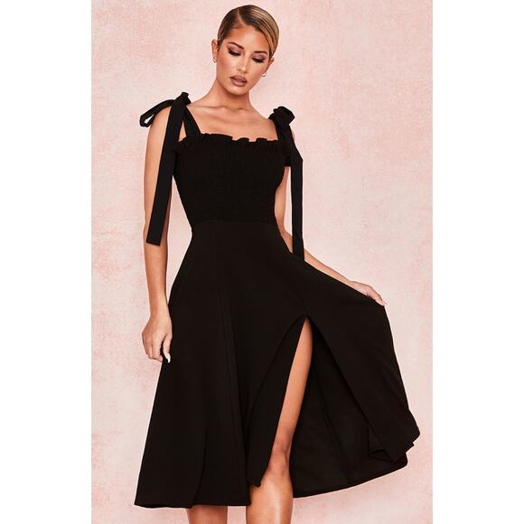 Women's House of CB Carmella Black Shirred Midi Sundress sz L Plus Cup Coquette - Picture 5 of 5